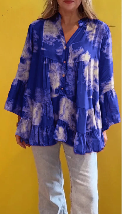 Blusa informal de verano con volantes y manga larga con estampado irregular para mujer
