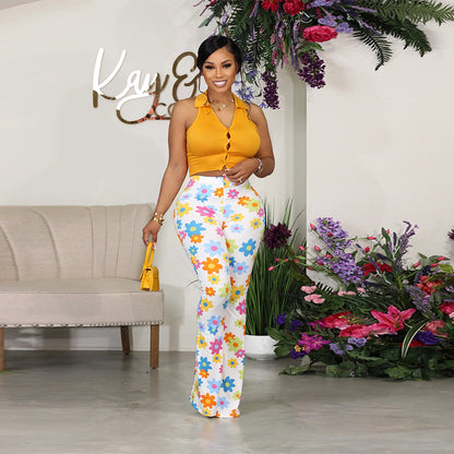 Women Fashion Casual Floral Printing Flared Pants