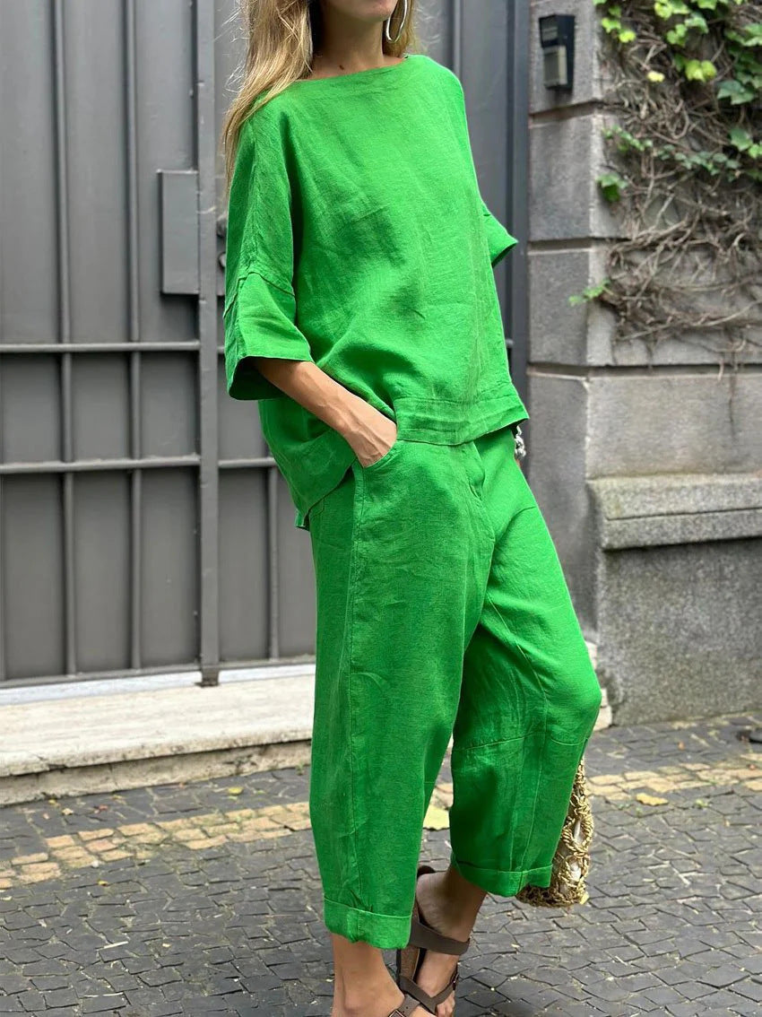 Conjunto de dos piezas de camisa y pantalón holgados de color liso para mujer