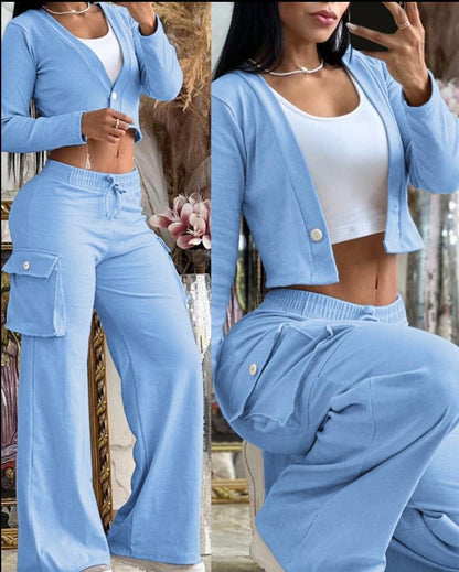 Women Casual Solid Color Long-Sleeved Crop Top Drawstring Wide-Leg Pants Two-Piece Set