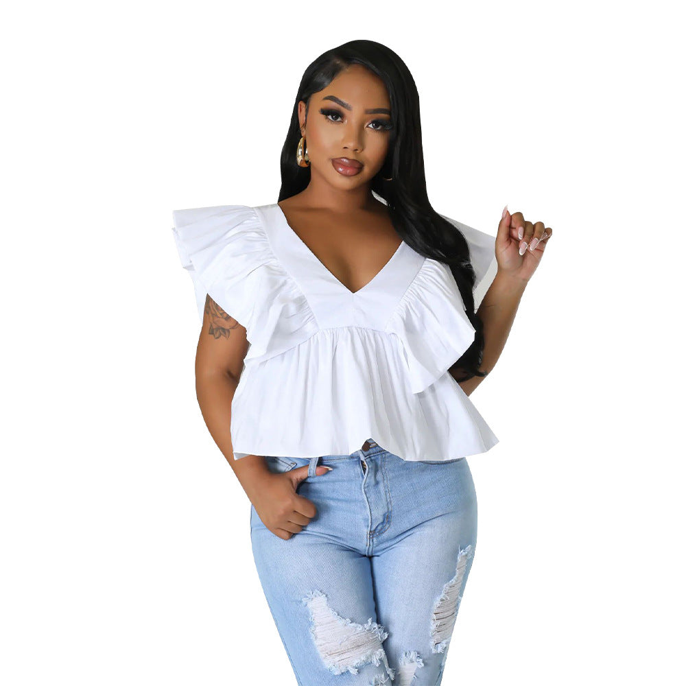 Blusa informal de manga corta con cuello en V y estampado floral arrugado para mujer