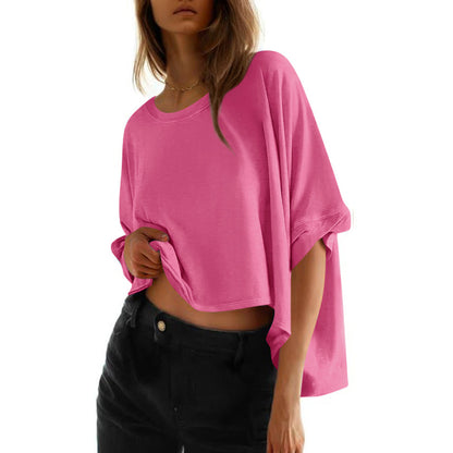 Camiseta informal holgada de manga corta con cuello redondo y estampado de murciélago para mujer