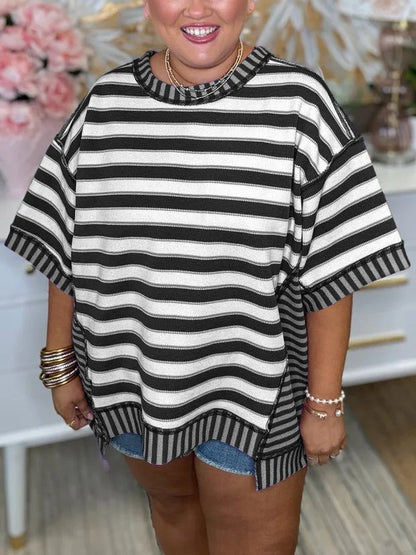 Camiseta informal holgada de verano con estampado de rayas y talla grande para mujer