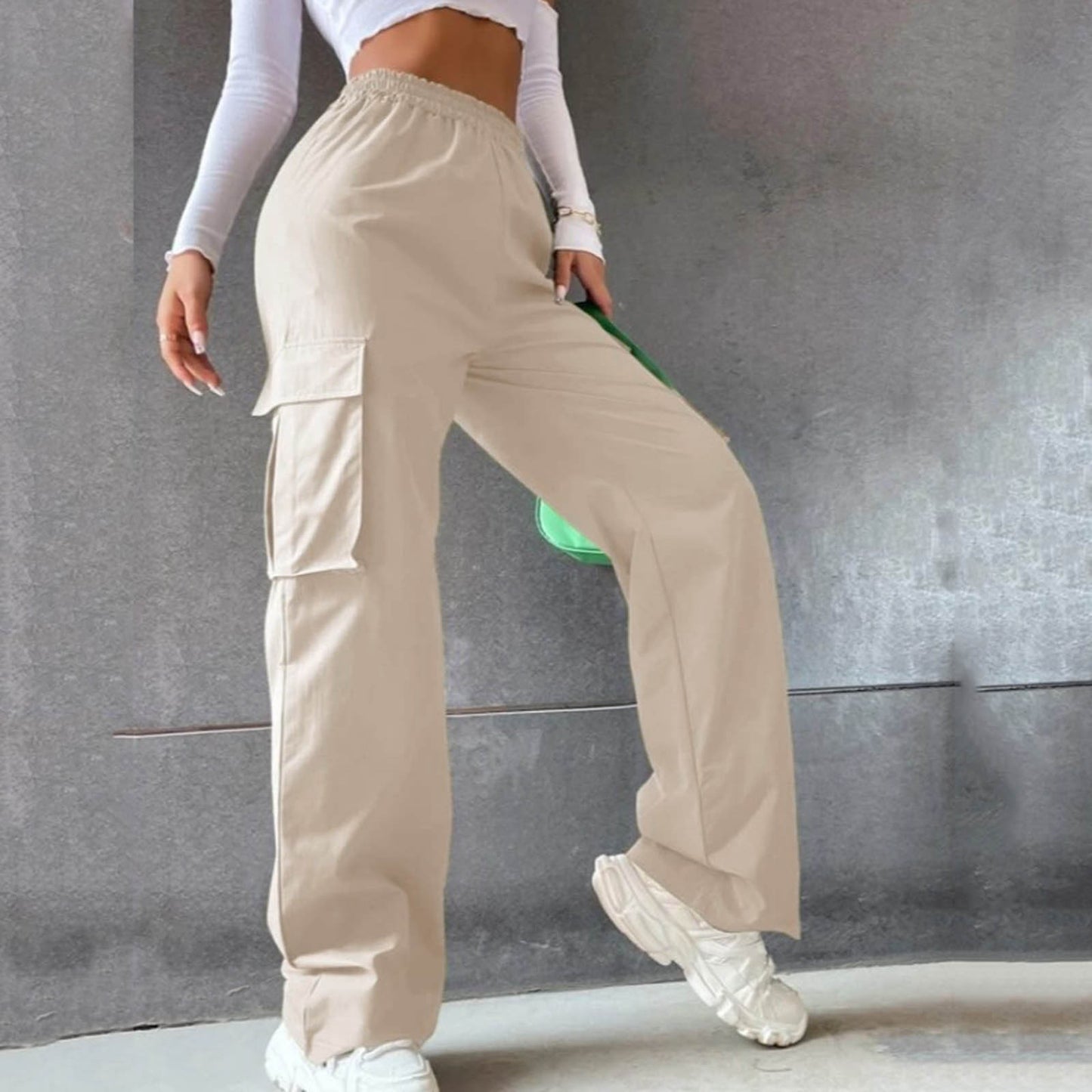 Women Loose Casual Solid Color High Waist Cargo Pants