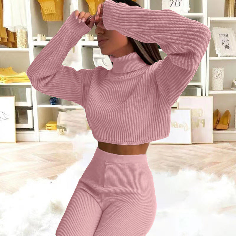 Conjunto de dos piezas de top y pantalón de punto de manga larga con cuello alto y color liso informal para mujer