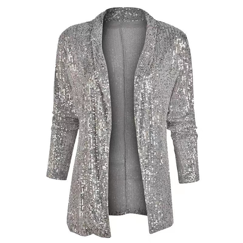 Chaqueta informal de lentejuelas de color liso y corte entallado para mujer
