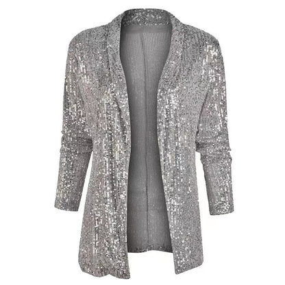 Chaqueta informal de lentejuelas de color liso y corte entallado para mujer