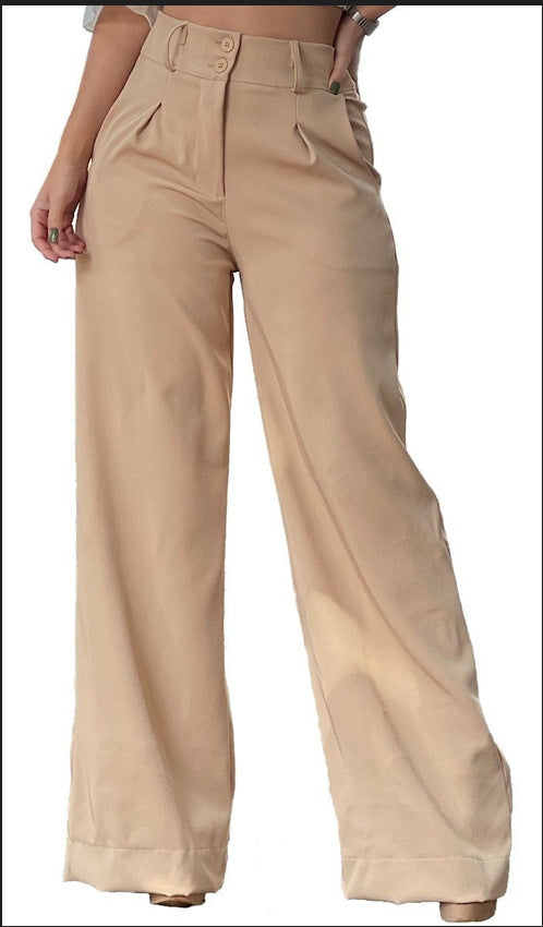 Women Fashion Casual Solid Color High Waist Wide Leg Pants