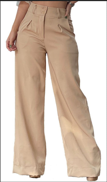 Women Fashion Casual Solid Color High Waist Wide Leg Pants