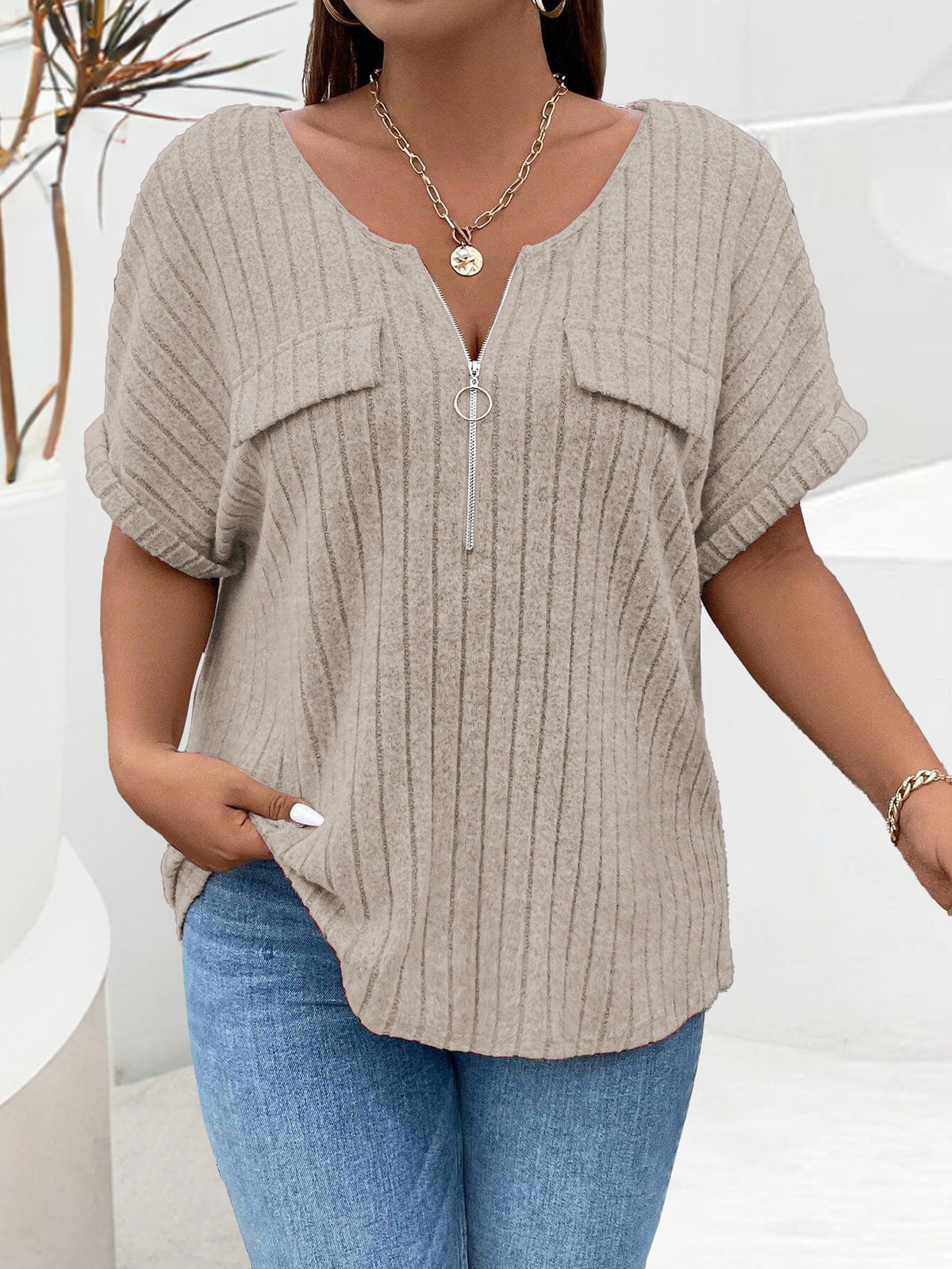 Women Fashion Casual Solid Color Plus Size Zipper Short Sleeve Loose T-Shirt