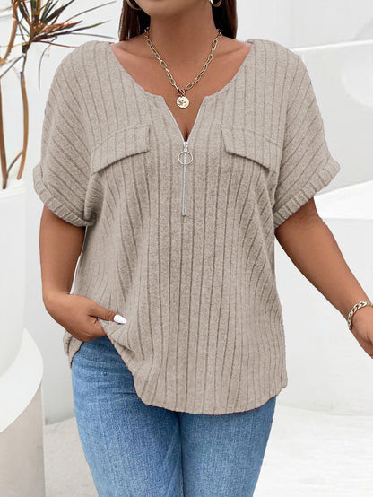 Women Fashion Casual Solid Color Plus Size Zipper Short Sleeve Loose T-Shirt