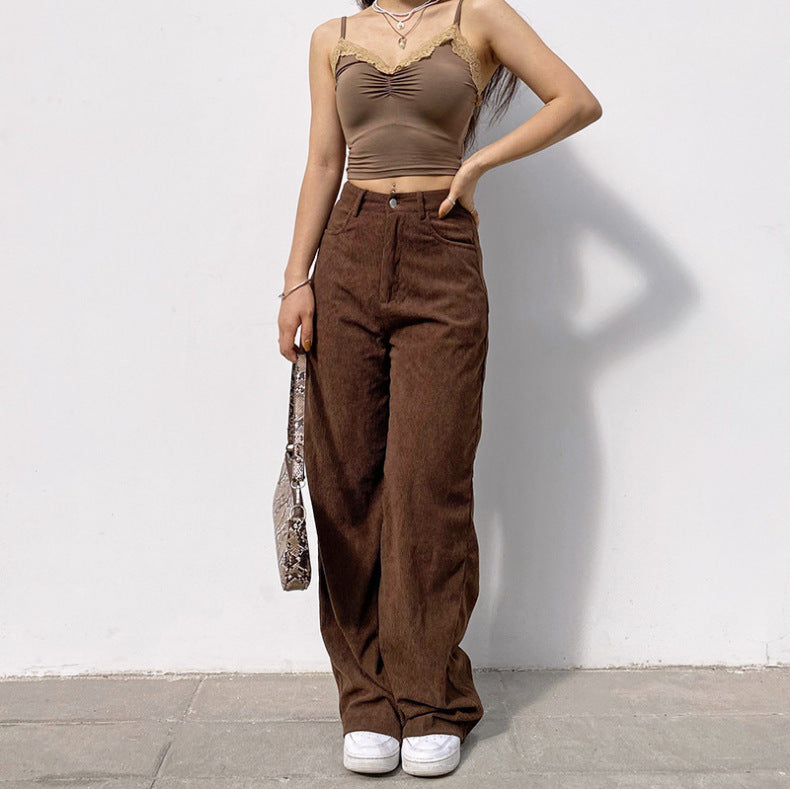 Corduroy Dagging Wide Leg Casual Women Solid Color Pants