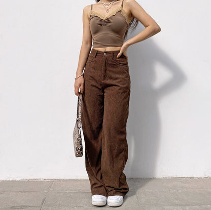 Corduroy Dagging Wide Leg Casual Women Solid Color Pants