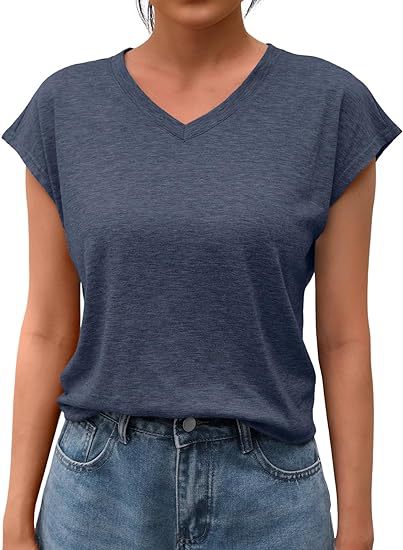 Camiseta informal de verano para mujer, color liso, cuello en V, manga corta, sin mangas