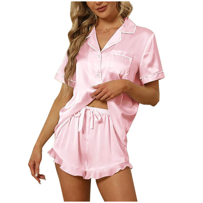Conjunto de pijama de dos piezas para mujer, informal, de satén de seda, con mangas cortas y cuello en V, pantalones cortos con volantes