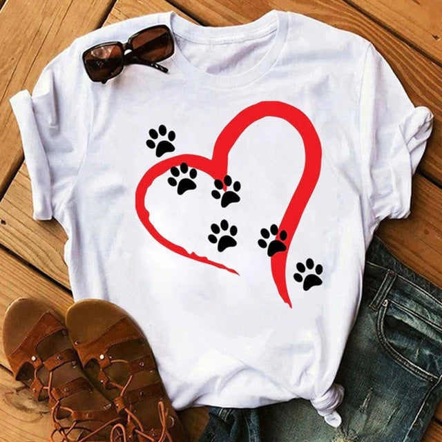 Camiseta informal de manga corta con estampado de garra de perro pintada a mano para mujer