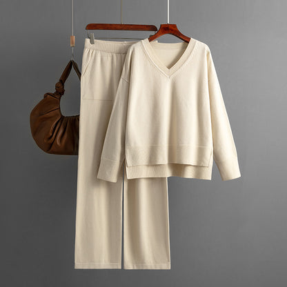 Autumn Winter Women Fashion Loose Casual Solid Color Sweater Pants Two-Piece Set