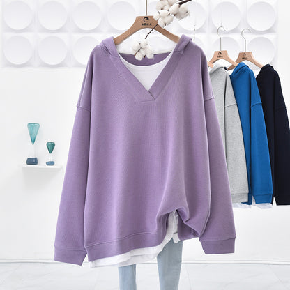 Sudadera con capucha informal de color liso con cuello en V y costuras para mujer