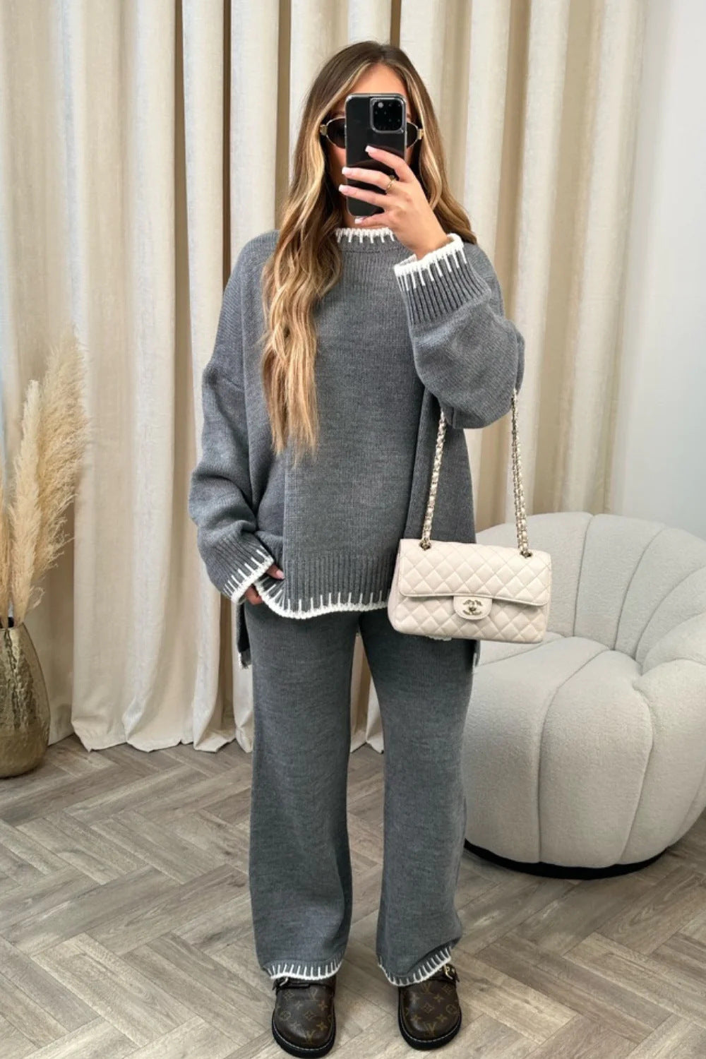 Casual Winter Fashion Solid Color Women Loose Knitted Sweater Pants Two-Piece Set