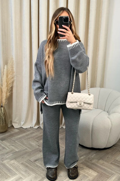 Casual Winter Fashion Solid Color Women Loose Knitted Sweater Pants Two-Piece Set