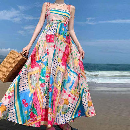 Vestido midi informal de verano con tirantes y estampado digital para mujer