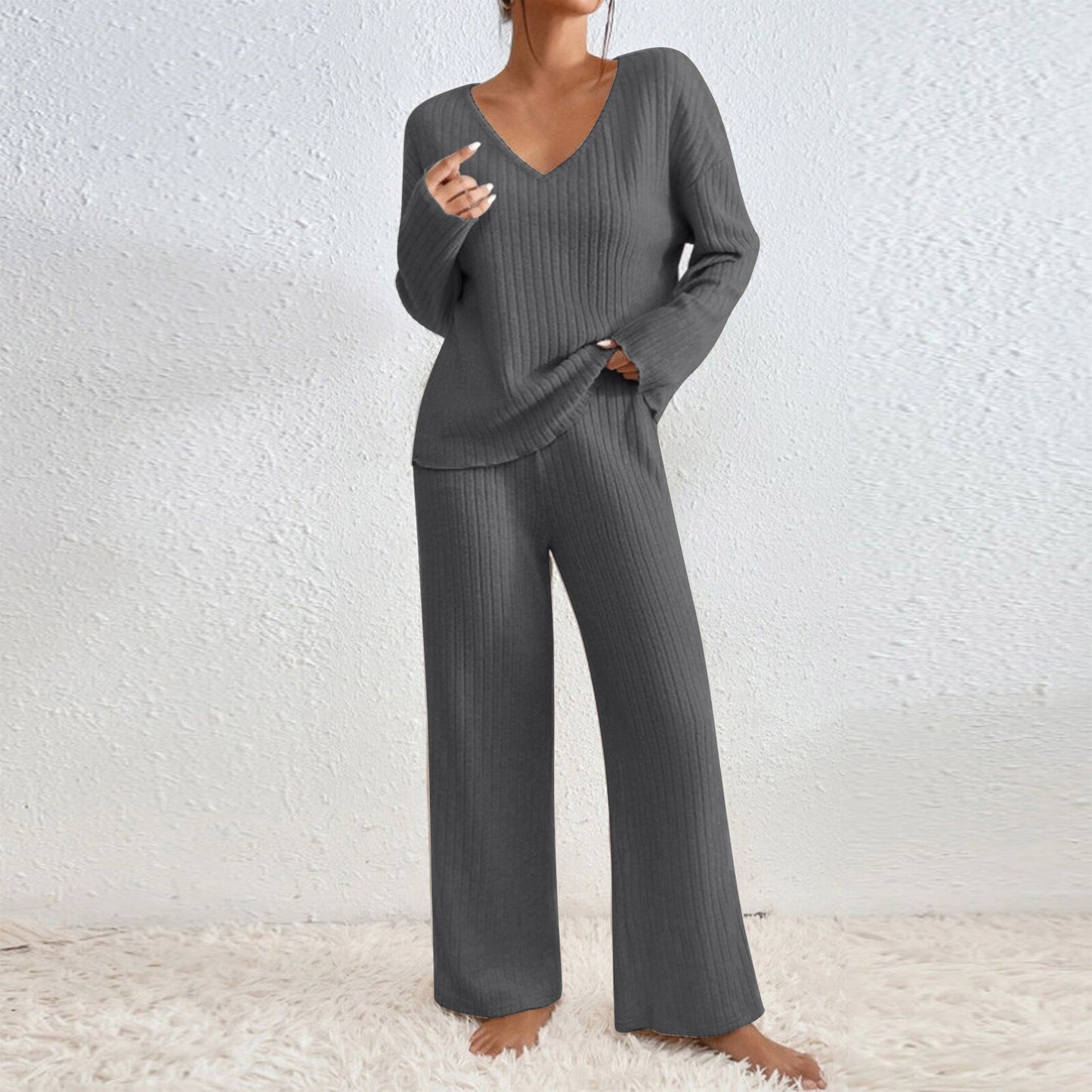 Conjunto informal de punto con cuello en V y manga larga de color liso para mujer