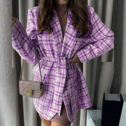 Chaqueta elegante de invierno holgada informal a cuadros con cordones y manga larga para mujer