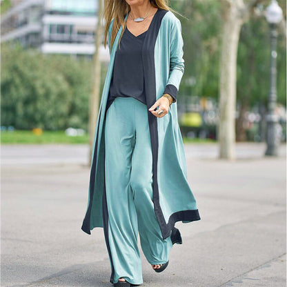 Conjunto de tres piezas para mujer: chaleco sin mangas de color liso y cárdigan informal de manga larga con chaqueta y pantalón