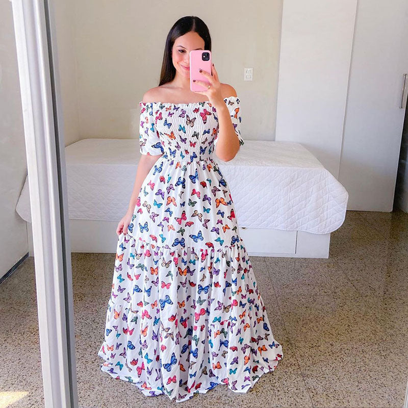 Summer Vacation Women Rainbow Color Floral Butterfly Large Swing Off Shoulder Casual Maxi Dress