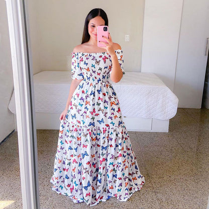 Summer Vacation Women Rainbow Color Floral Butterfly Large Swing Off Shoulder Casual Maxi Dress