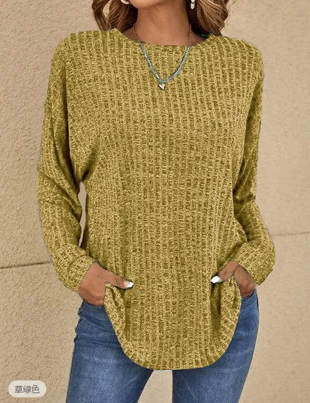 Camiseta holgada informal de talla grande para mujer, básica, de punto, de otoño, con cuello redondo, lisa, de manga larga