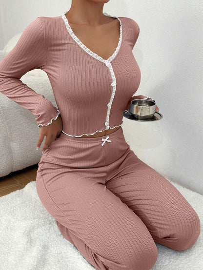 Pijama informal de encaje de color liso para mujer, ropa larga