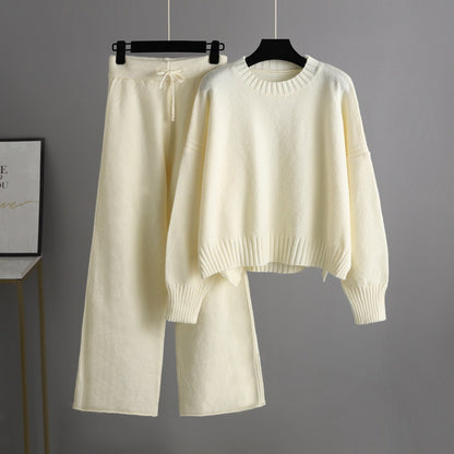 Autumn Winter Women Fashion Casual Knitted Sweater Wide Leg Pants Two-Piece Set
