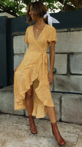 Women Fashion Casual Tiny Flower Printing Ruffled Irregular Wrap Dress