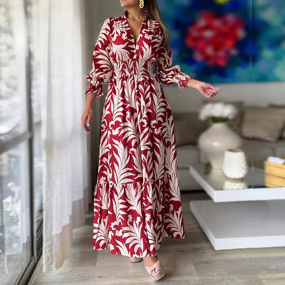 Vestido elegante informal de verano para mujer, con escote en V, estampado floral y volantes, de manga larga