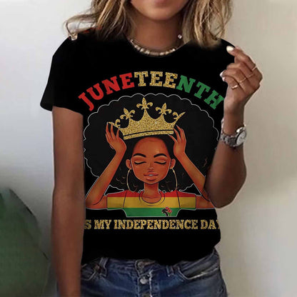 Camiseta informal de manga corta con cuello redondo para mujer, con estampado digital 3D del Día de la Liberación Negra de Juneteenth