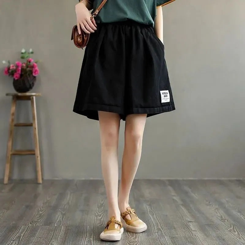 Women Fashion Casual Solid Color Elastic-Waist Wide Leg Shorts