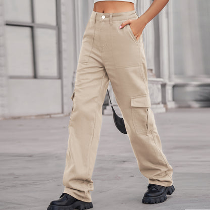 Women Fashion Casual High Waist Denim Cargo Pants