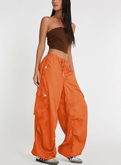 Women Casual Solid Color Loose Pocket Low Waist Drawstring Pants