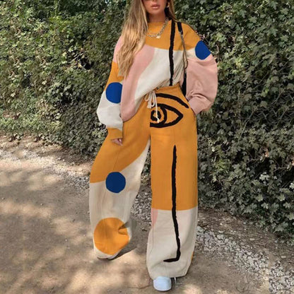 Conjunto de top y pantalón básico de manga larga con cuello redondo y estampado holgado para mujer