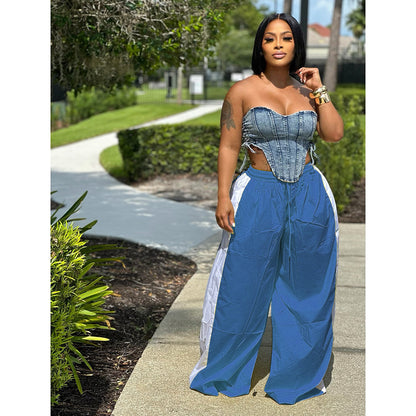 Women Fashion Casual Loose Contrast Color Stitching Wide Leg Pants