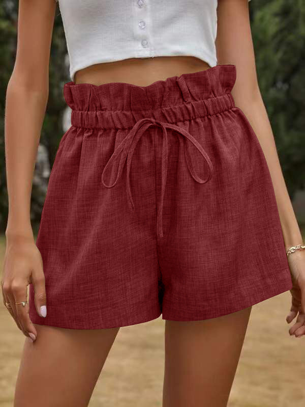 Summer Women Casual Solid Color High Waist Lace-Up Loose Shorts