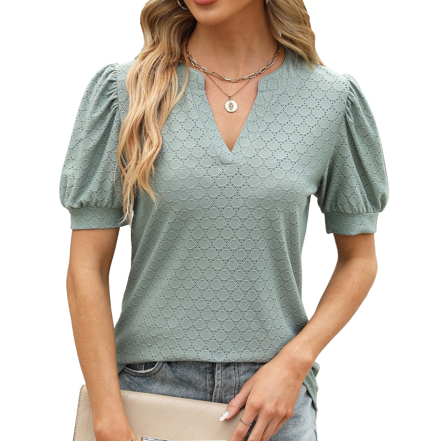 Blusa informal de verano para mujer, holgada, con escote en V, mangas abullonadas y plisada de manga corta