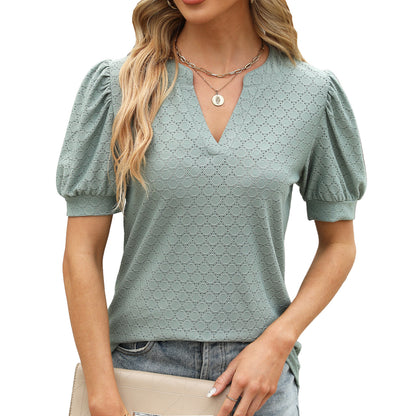 Blusa informal de verano para mujer, holgada, con escote en V, mangas abullonadas y plisada de manga corta