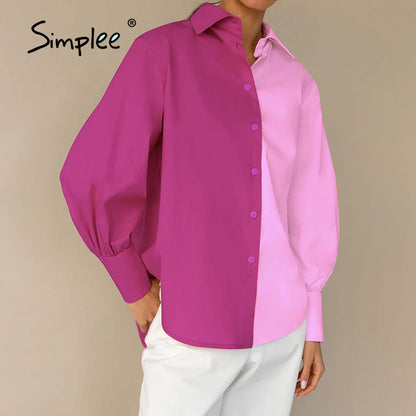 Blusa informal de trabajo para mujer con mangas largas abullonadas, botonadura sencilla y diseño de bloques de color