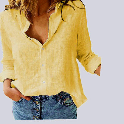 Camisa de lino holgada de manga larga, informal, básica, de color liso, para mujer