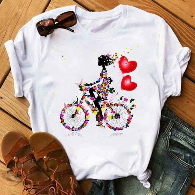 Camiseta holgada informal de manga corta con estampado de bicicleta para mujer