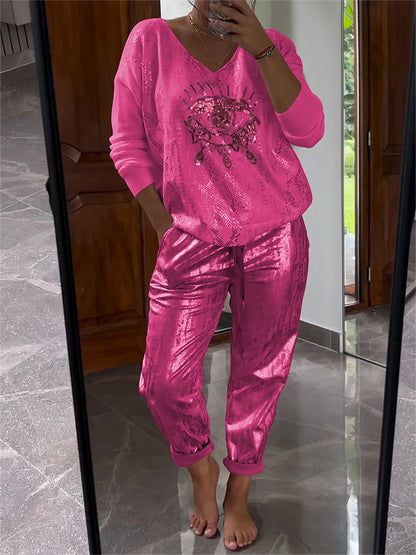 Conjunto de top y pantalón bronceador con efecto ojo malvado para mujer, informal, a la moda, brillante