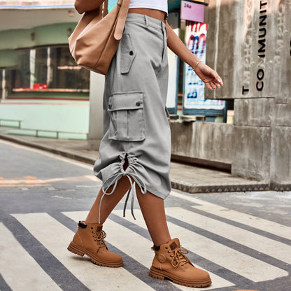 Women Fashion Casual Denim Lace-Up Pockets Mid-Length Skirt