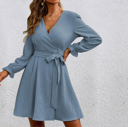 Women Casual Solid Color Slit V Neck Sash Long Sleeve Wrap Dress